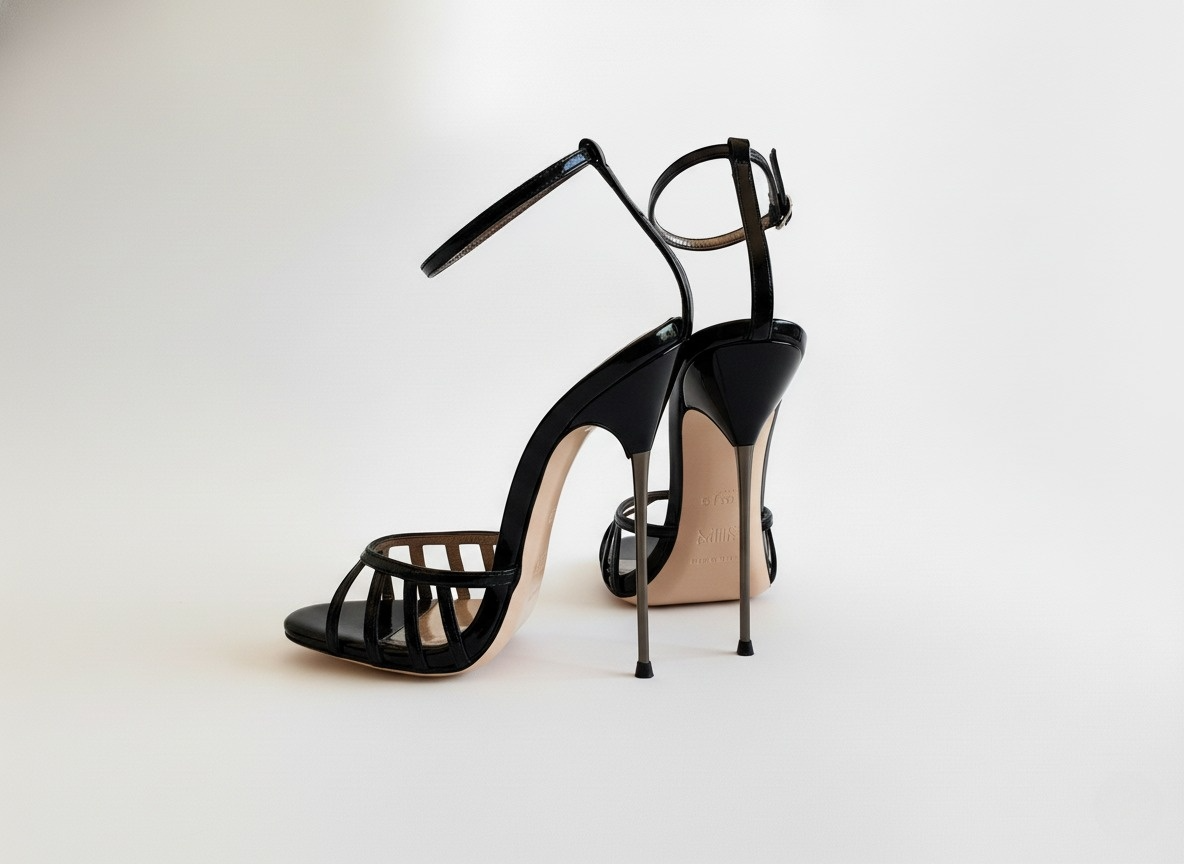 Black 16cm high-heeled shoes with open-toe design on a white background