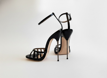 Black 16cm high-heeled shoes with open-toe design on a white background