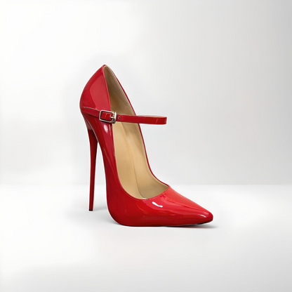 Elegant women’s red patent Mary Jane stilettos featuring pointed toe and ankle strap."
