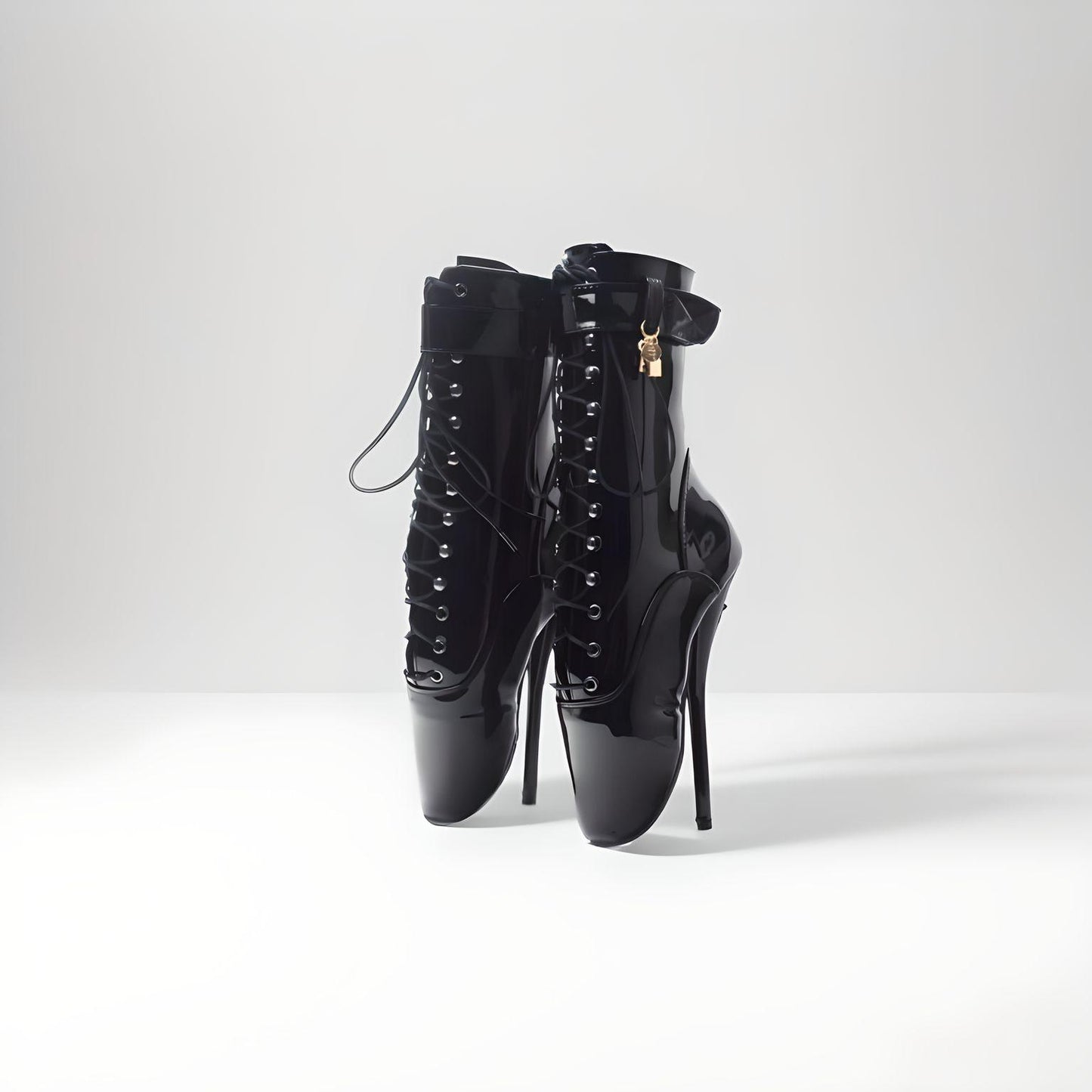 Fetish black ballet heel ankle boots lockable 18cm 7"