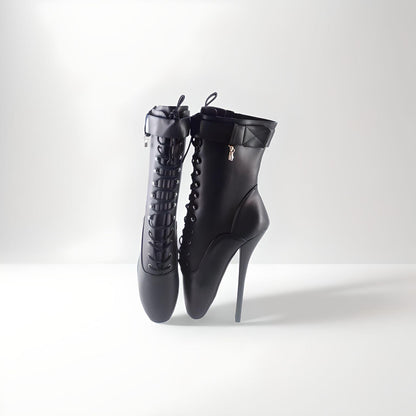 Fetish black ballet heel ankle boots lockable 18cm 7"