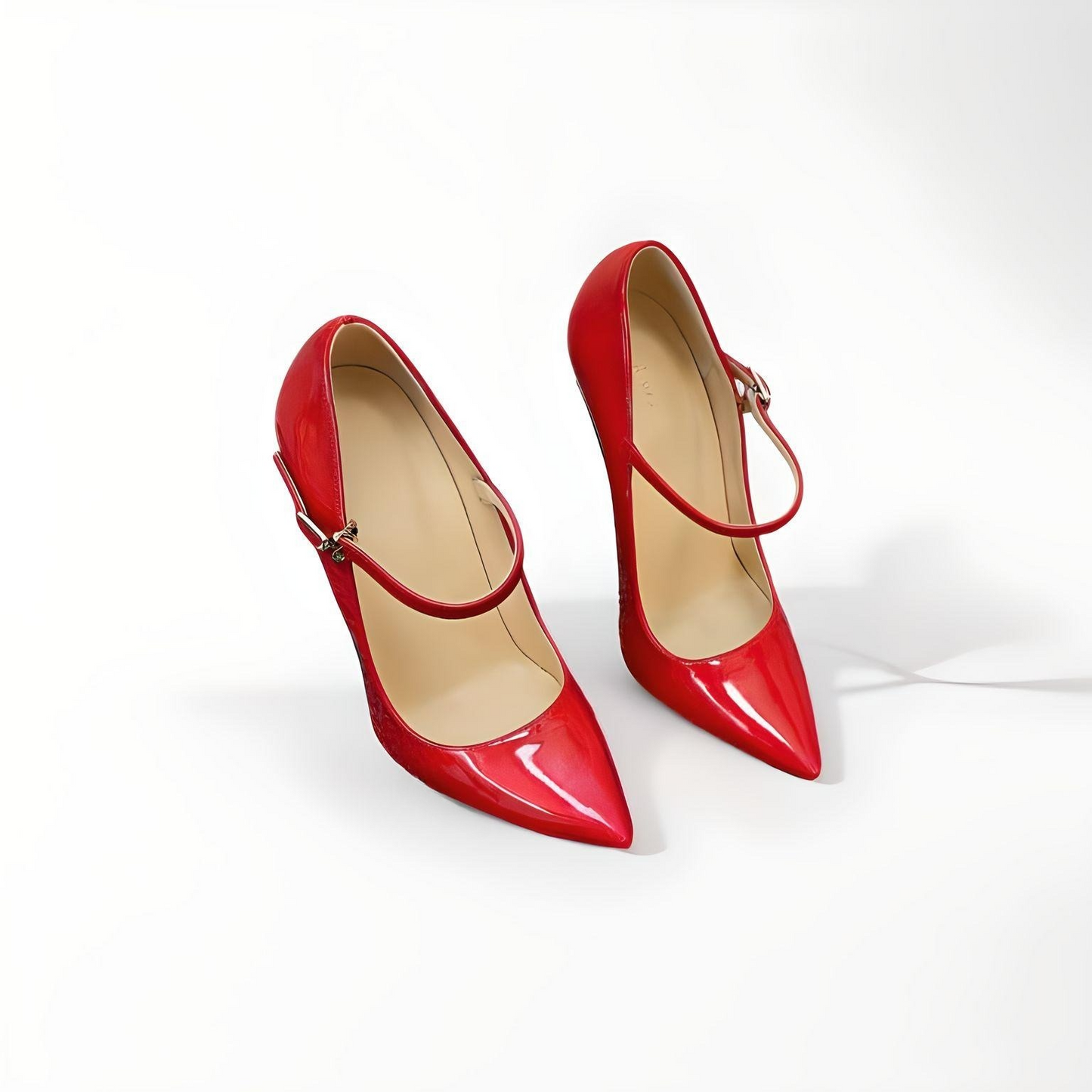   Front down view of 16cm red patent leather pointed toe Mary Jane high heel shoes with buckle strap