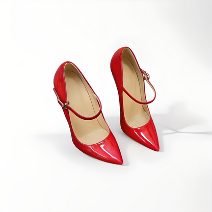   Front down view of 16cm red patent leather pointed toe Mary Jane high heel shoes with buckle strap