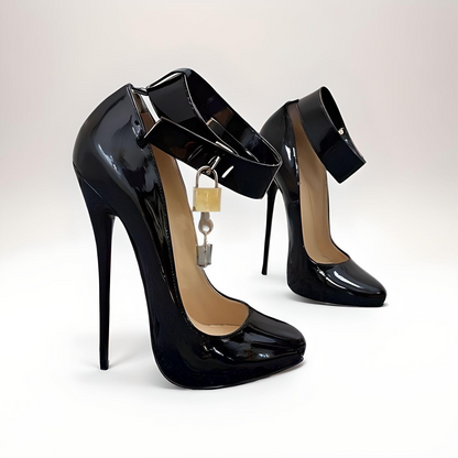 Locking Ankle Strap Stiletto Round Toe Pumps – 16cm / 6" High Heel