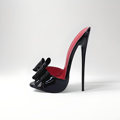 Bow detail patent high heel stiletto mules