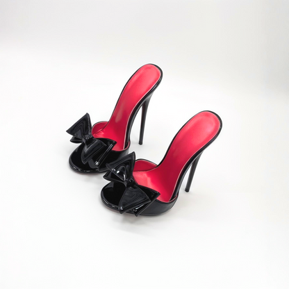 Bow detail patent high heel stiletto mules