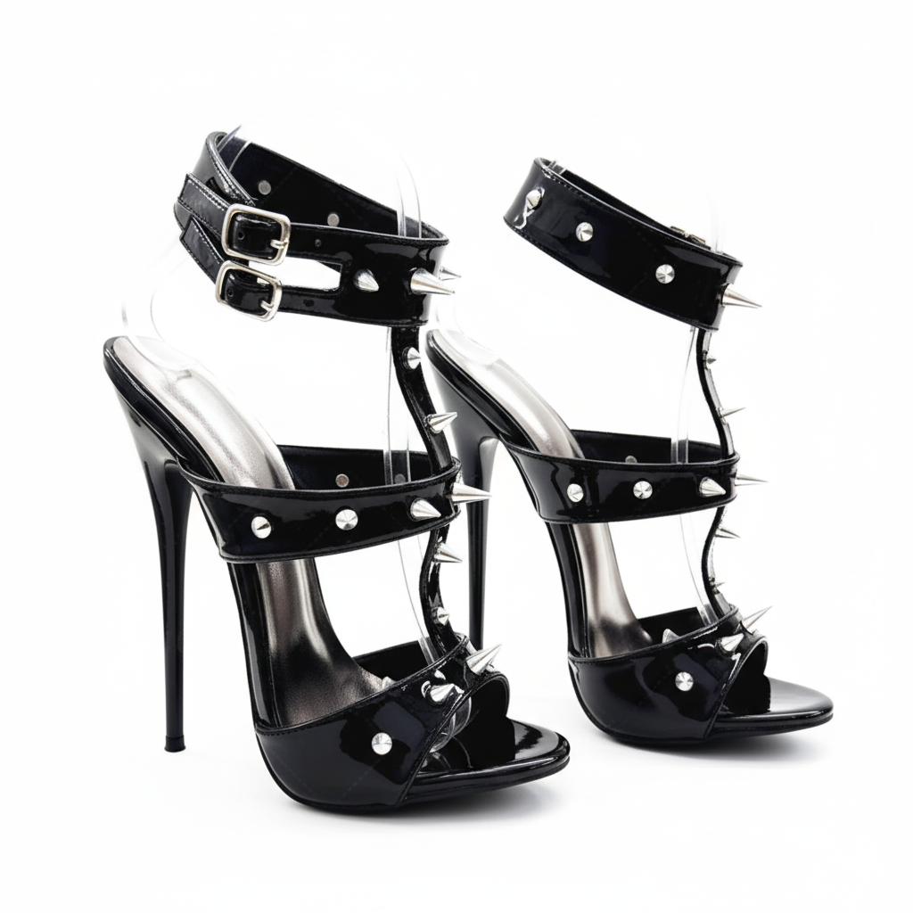 Black 16cm high-heeled shoes with spikes and straps on a white background