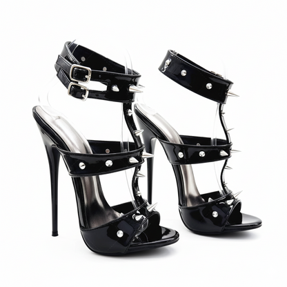 Black 16cm high-heeled shoes with spikes and straps on a white background