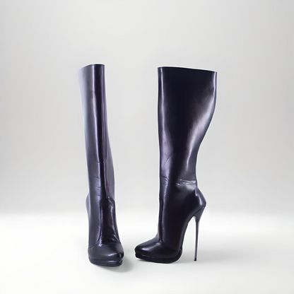 Metal stiletto high heel knee boots pointy toe 16cm 6.3"