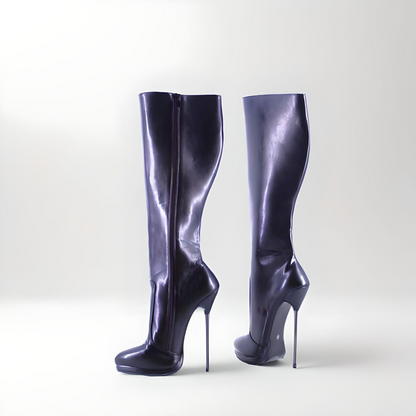 Metal stiletto high heel knee boots pointy toe 16cm 6.3"