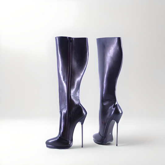 Metal stiletto high heel knee boots pointy toe 16cm 6.3"