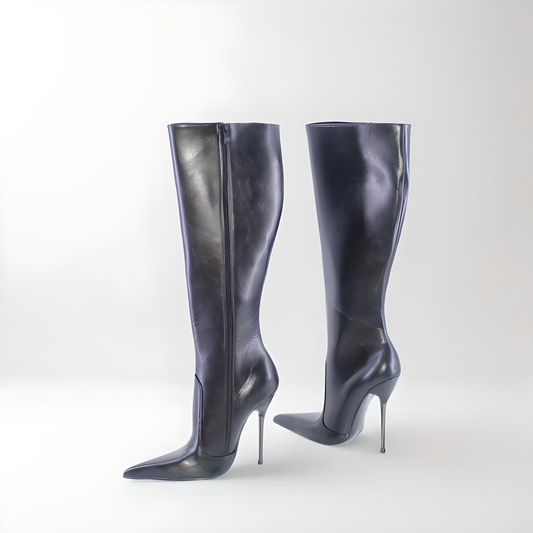 Fetish metal stiletto knee boots pointy toe 13cm 5"