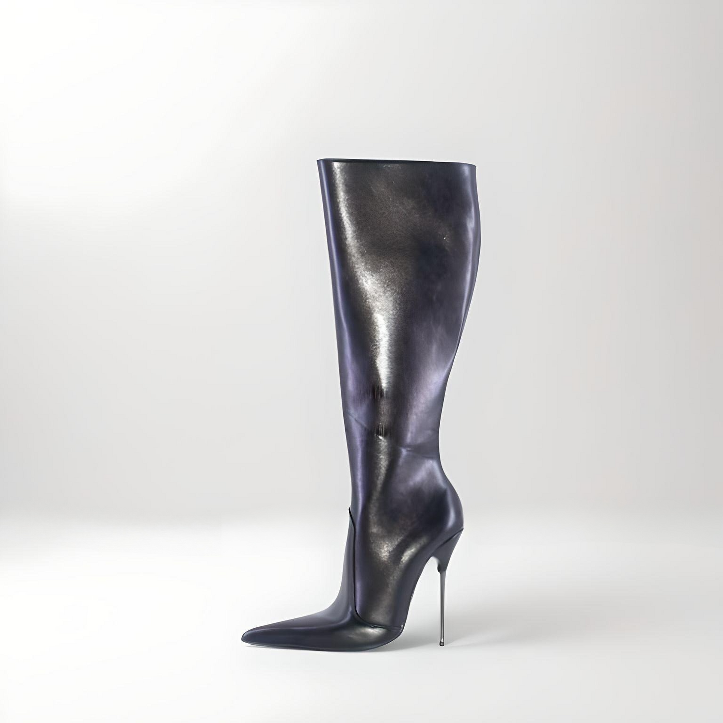 Fetish metal stiletto knee boots pointy toe 13cm 5"