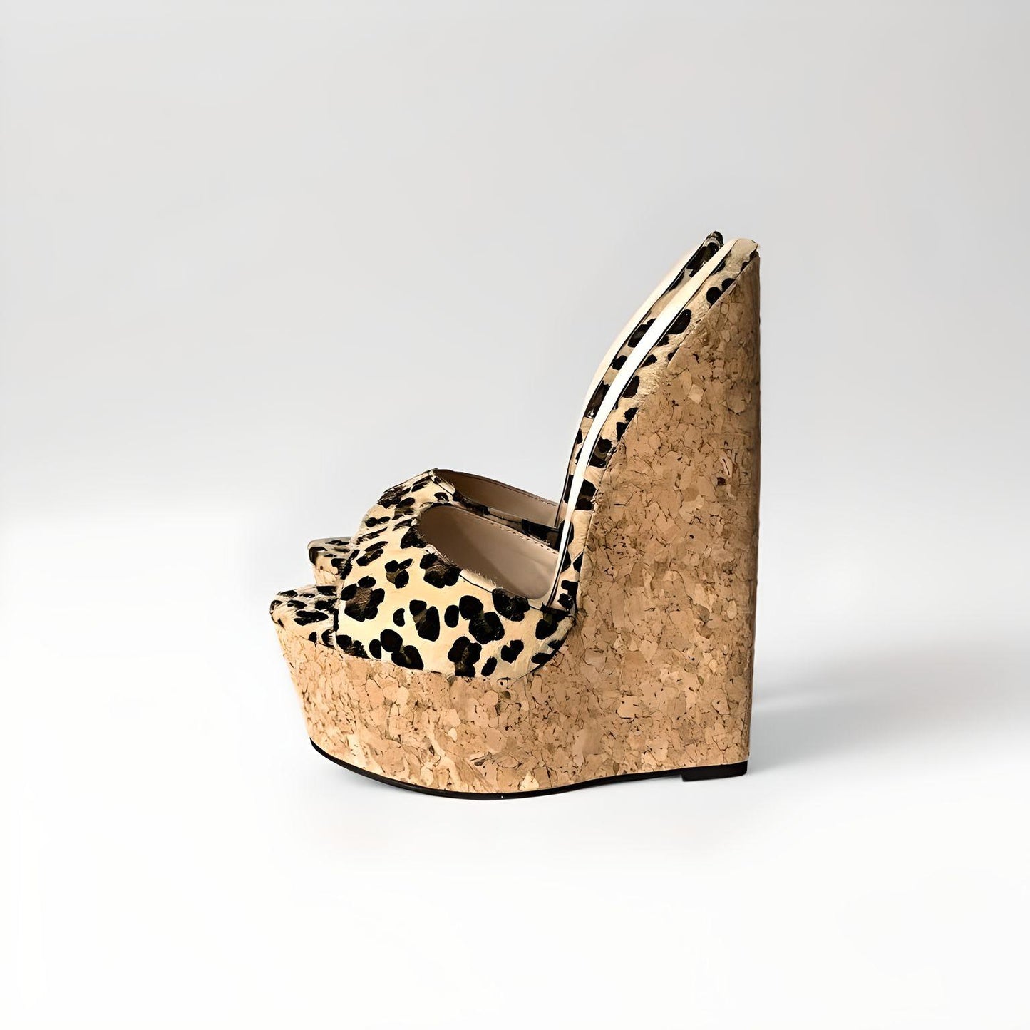 Cork wedge mules with leopard print horse hair upper 19cm