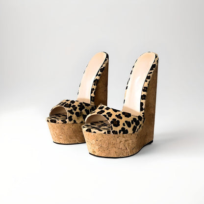 Cork wedge mules with leopard print horse hair upper 19cm