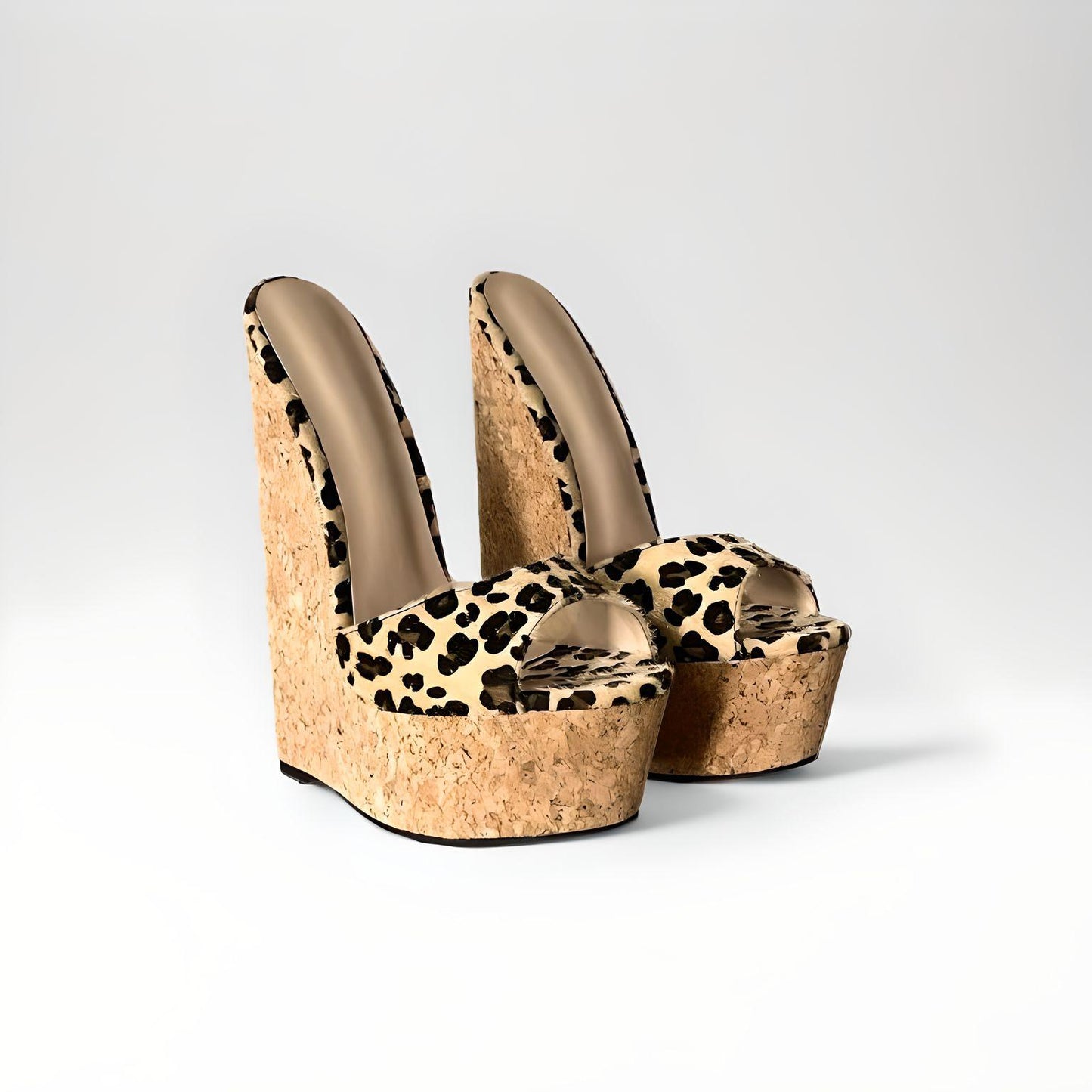 Cork wedge mules with leopard print horse hair upper 19cm