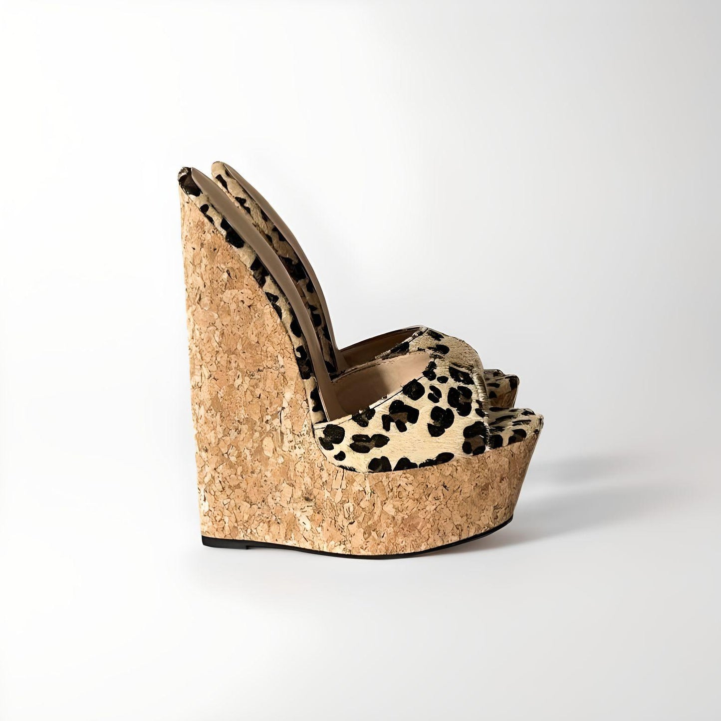 Cork wedge mules with leopard print horse hair upper 19cm