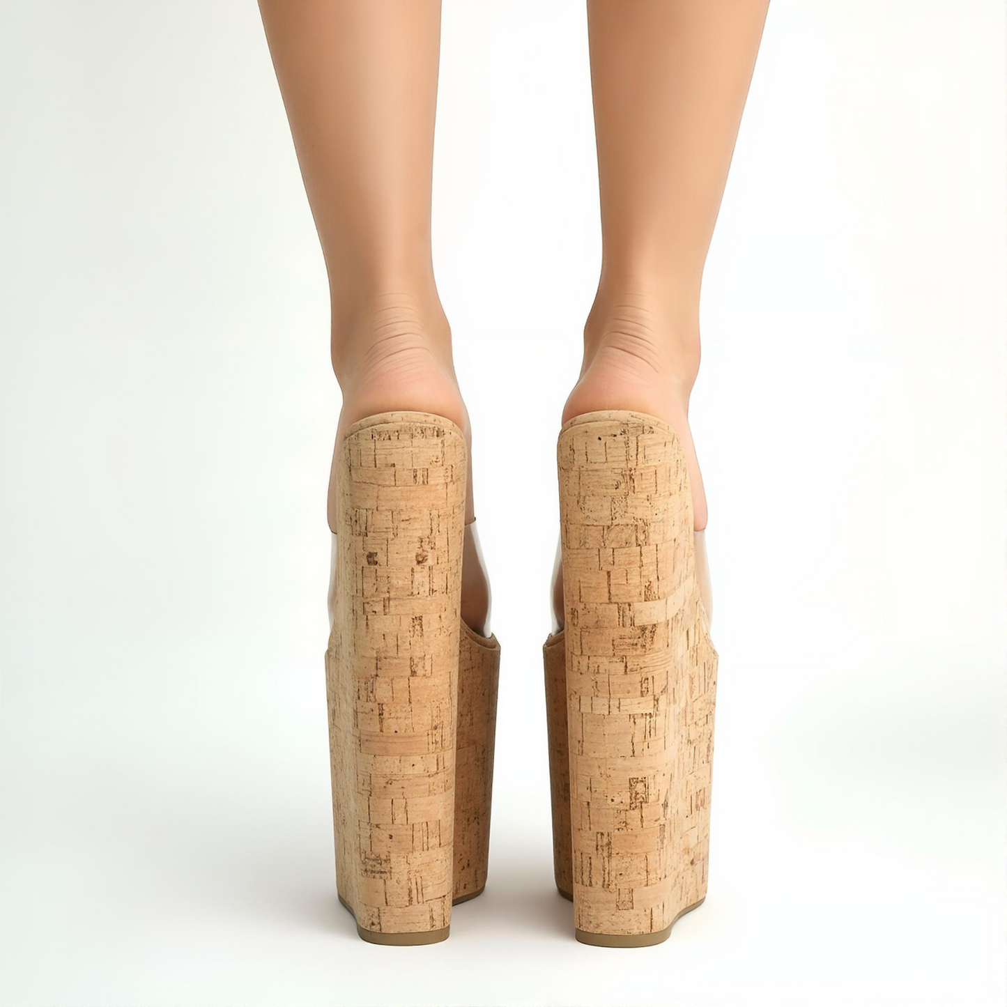 Extreme high heel cork wedge mules with clear peep toe upper