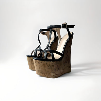 20cm high heel cork wedge sandals with strappy PU leather upper