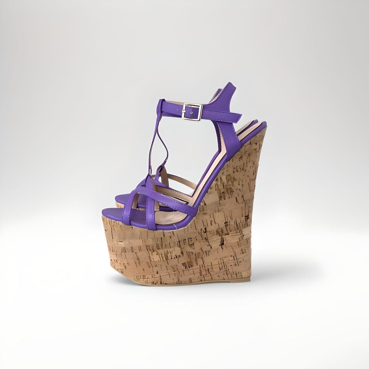 20cm high heel cork wedge sandals with strappy PU leather upper