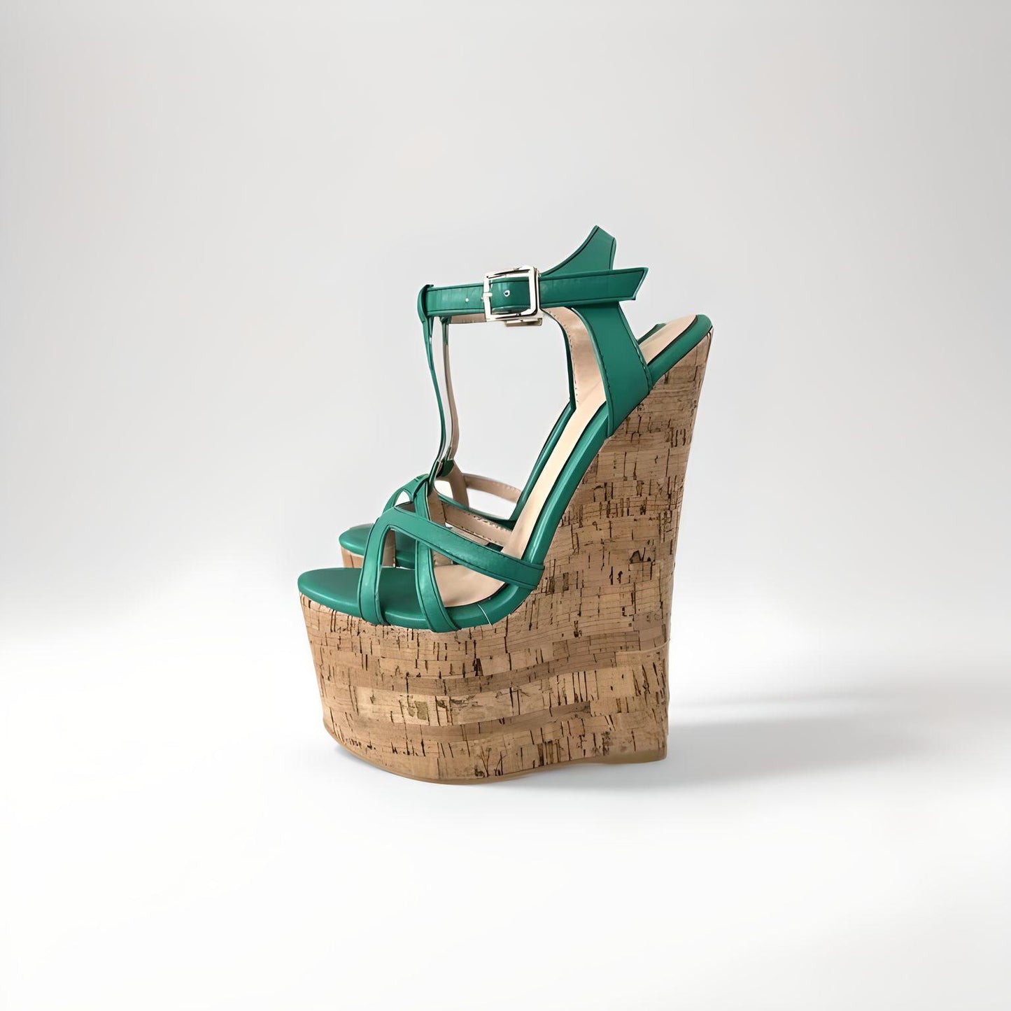 20cm high heel cork wedge sandals with strappy PU leather upper