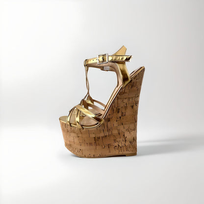 20cm high heel cork wedge sandals with strappy PU leather upper