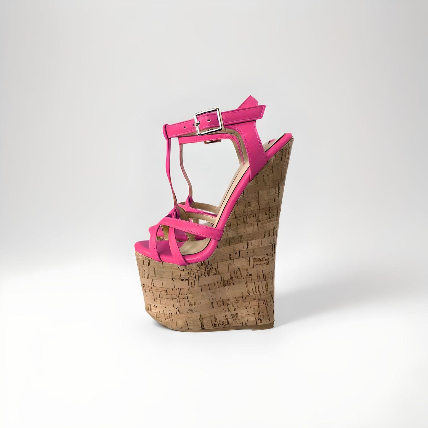 20cm high heel cork wedge sandals with strappy PU leather upper