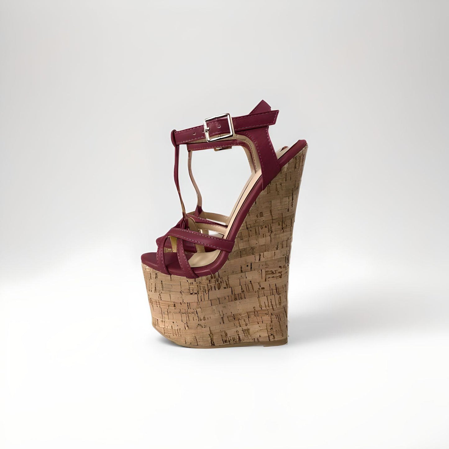 20cm high heel cork wedge sandals with strappy PU leather upper