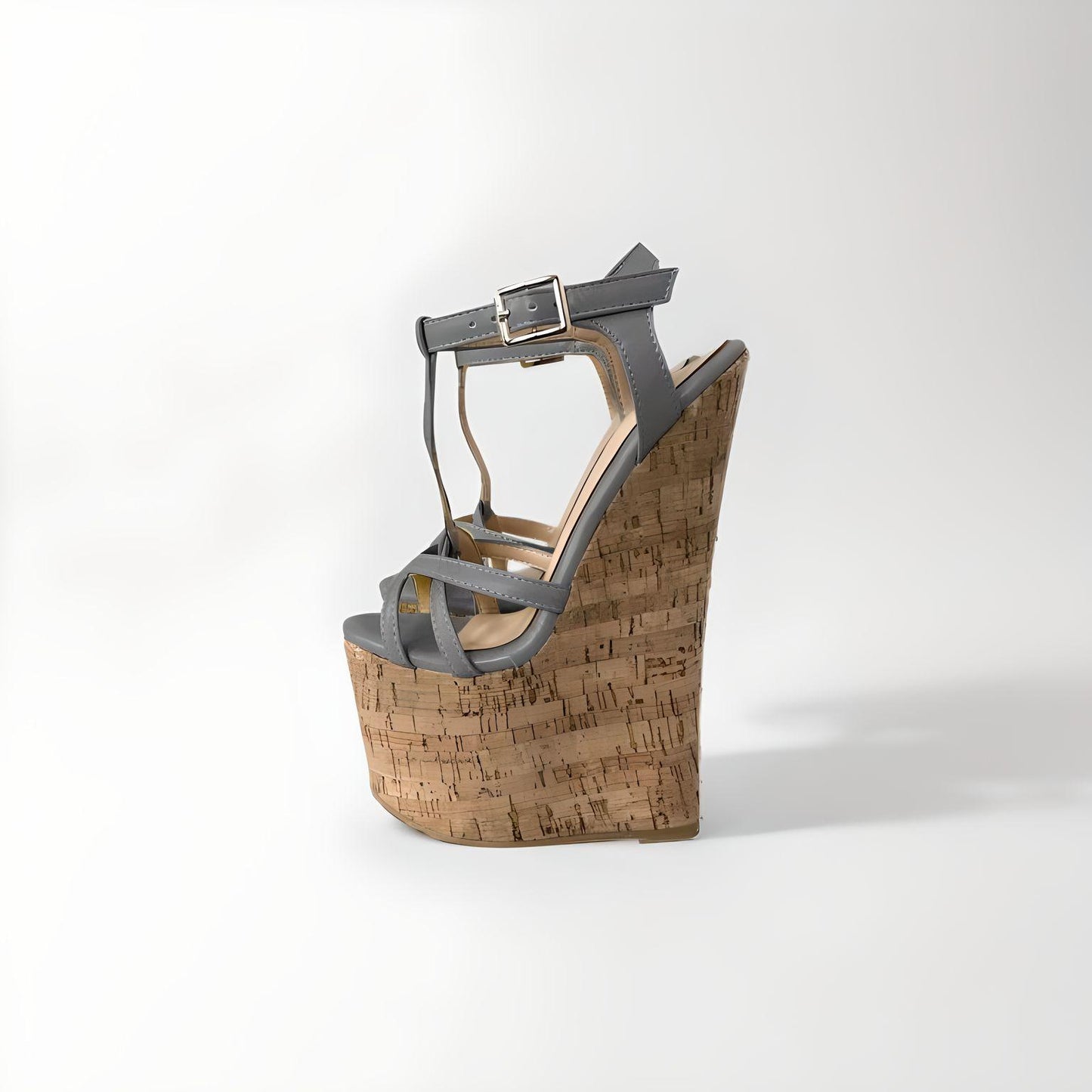 20cm high heel cork wedge sandals with strappy PU leather upper