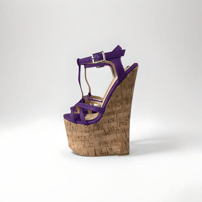 20cm high heel cork wedge sandals with strappy PU leather upper