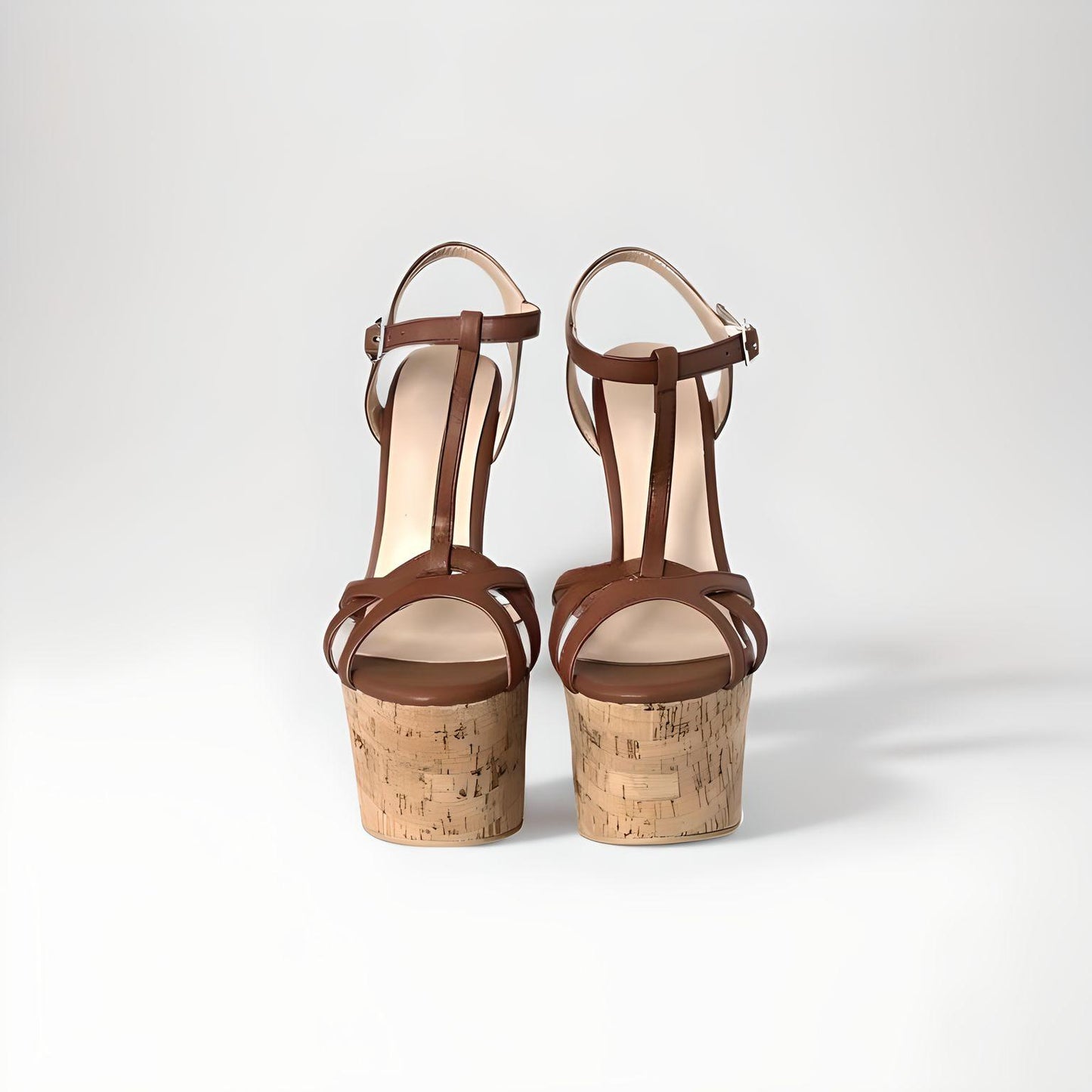 20cm high heel cork wedge sandals with strappy PU leather upper