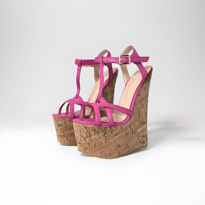 20cm high heel cork wedge sandals with strappy PU leather upper