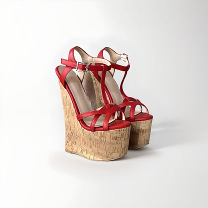 20cm high heel cork wedge sandals with strappy PU leather upper