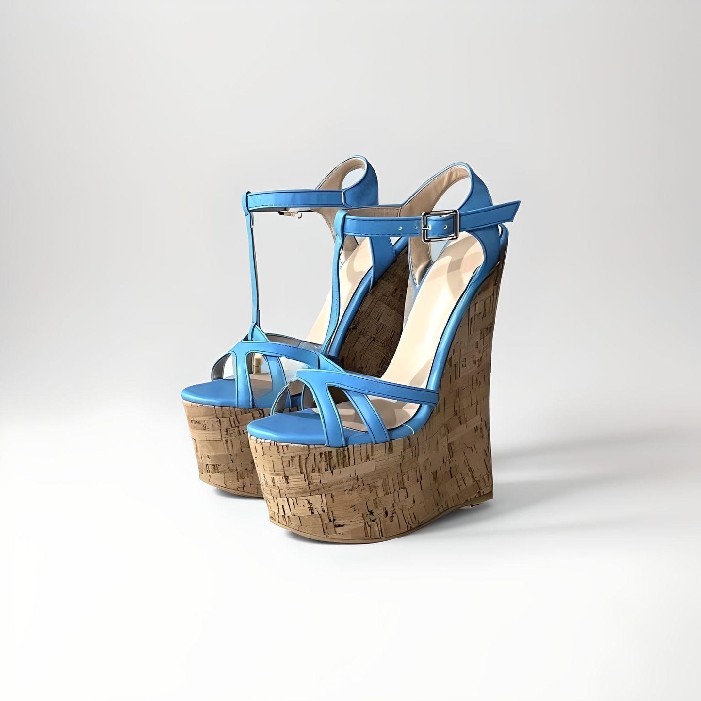 20cm high heel cork wedge sandals with strappy PU leather upper