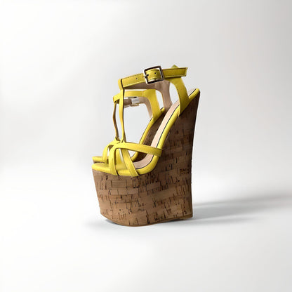 20cm high heel cork wedge sandals with strappy PU leather upper