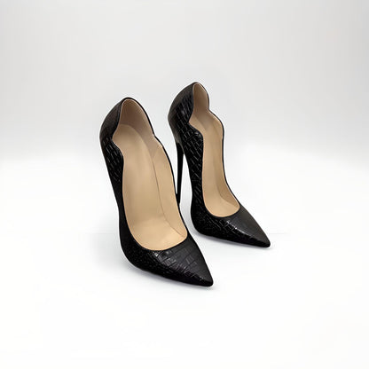 Black moc croc stiletto pointed pumps 16cm 6"