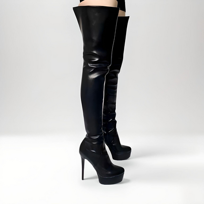 Matte leather high heel platform stiletto thigh boots 14-16cm heel