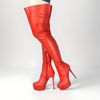 Matte leather high heel platform stiletto thigh boots 14-16cm heel