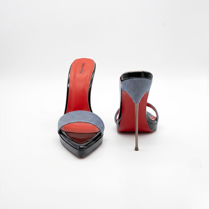 Denim Ultra slim Metal Stiletto High Heel Platform Mules - Women's UK6