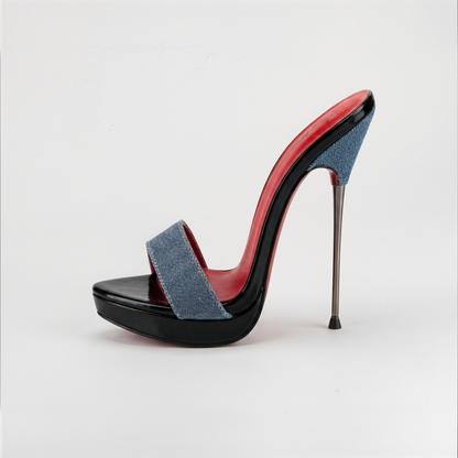 Denim Ultra slim Metal Stiletto High Heel Platform Mules - Women's UK6