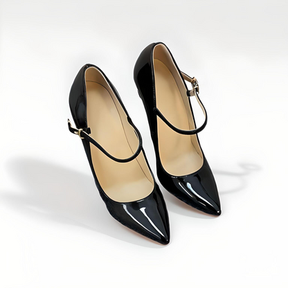   Front down view of 16cm black patent leather pointed toe Mary Jane high heel shoes with buckle strap