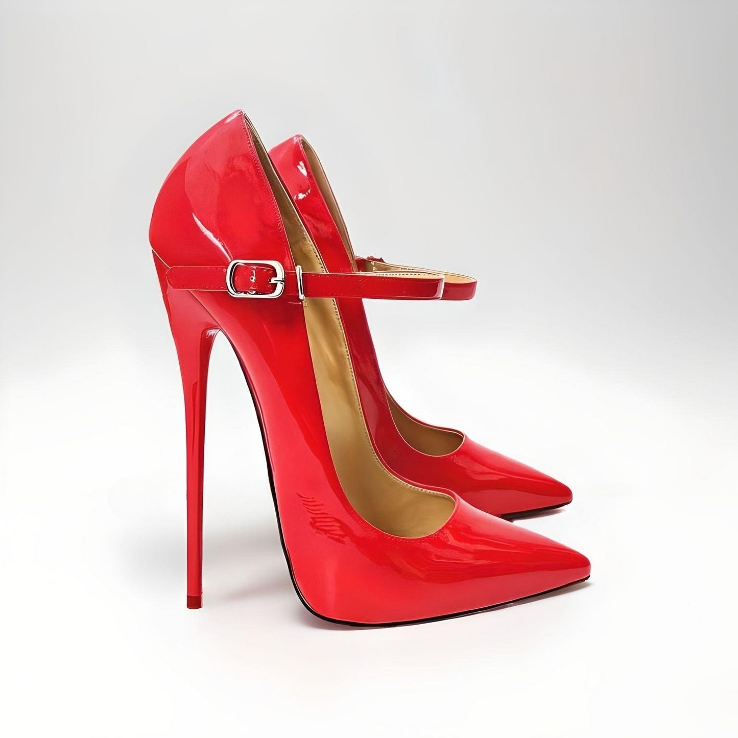 Black Pointed toe Mary Jane stiletto pumps with 16cm patent high heels and buckle strap."