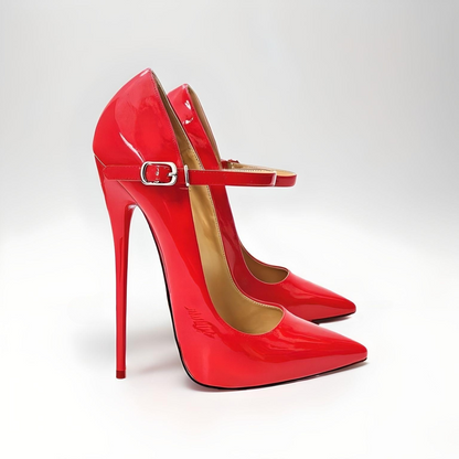 Black Pointed toe Mary Jane stiletto pumps with 16cm patent high heels and buckle strap."