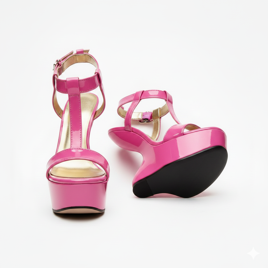 Pair of pink high-heeled 14cm wedge shoes on a white background