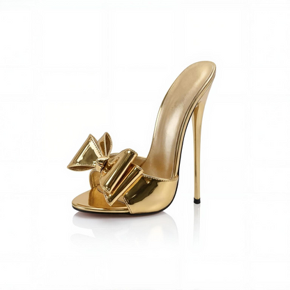 Bow detail patent high heel stiletto mules