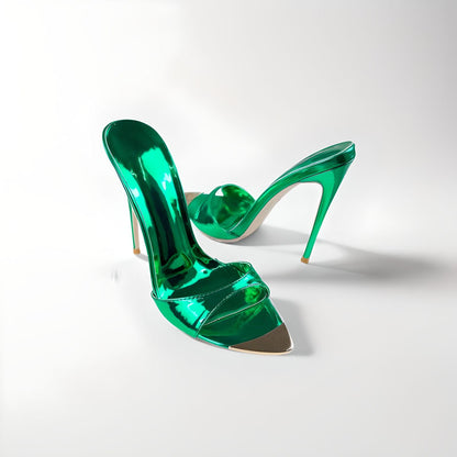 Patent metallic greenn stiletto 12cm 4" high heel mules