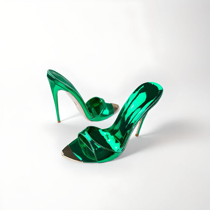 Patent metallic greenn stiletto 12cm 4" high heel mules