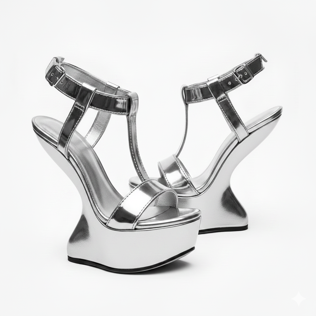 Pair of silver high-heeled wedge shoes on a white background