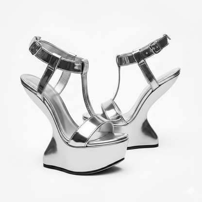 Pair of silver high-heeled wedge shoes on a white background