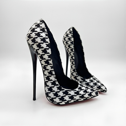 Houndstooth pointed high heel stiletto pumps